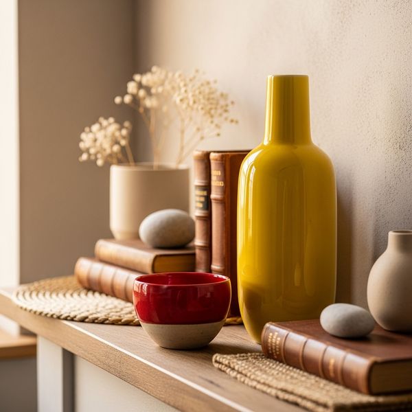 A collection of decorative objects including a yellow vase and red ceramic providing focused color pops.