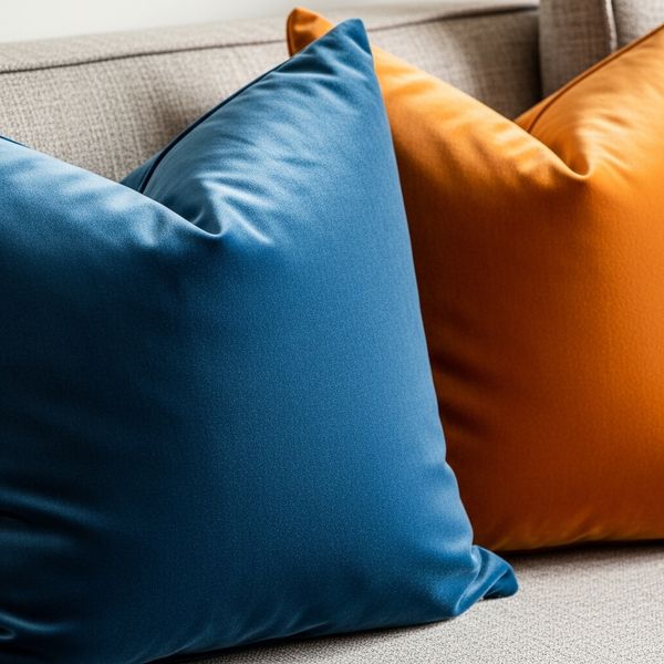 Close-up of deep blue and burnt orange velvet pillows on a sofa