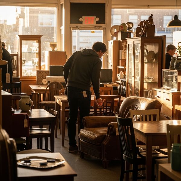a person shopping for used furniture at a consignment shop