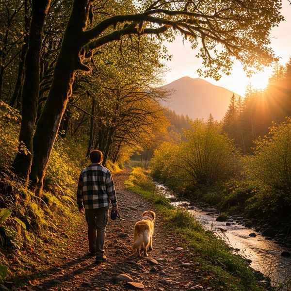 Walking a dog on a scenic community trail