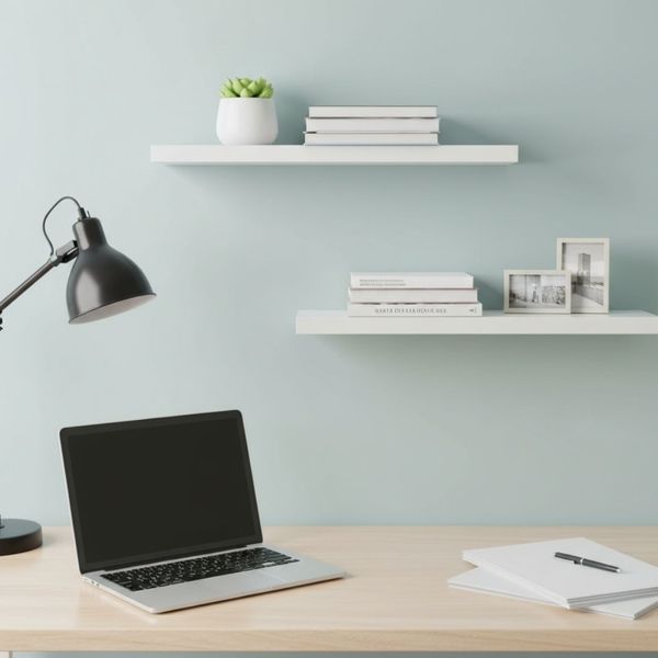 Close-up of floating shelves above a tidy des Close-up of floating shelves above a tidy des