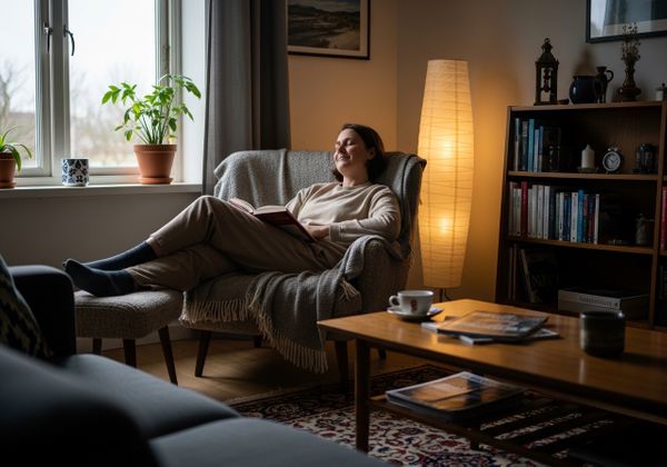 person resting comfortably on a chair in their living room