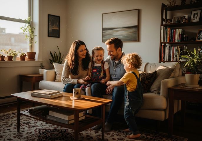 family in their apartment living room