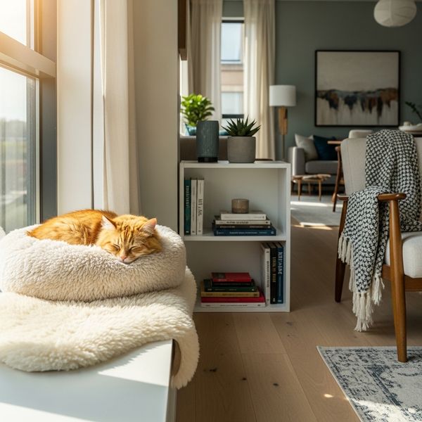 A cat resting in a quiet safe space inside a pet-friendly apartment
