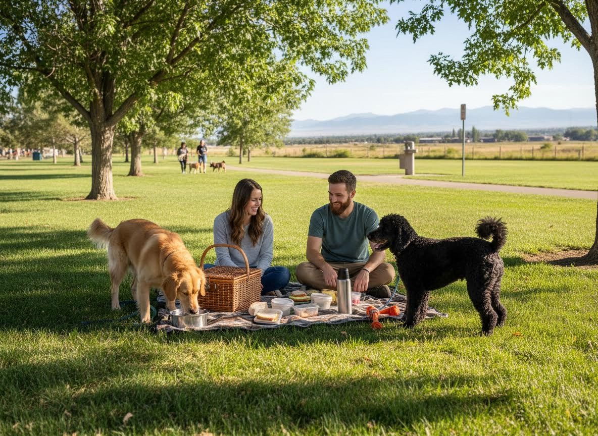 Couple and two dogs picnicking in a sunny park