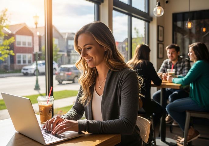 Woman Working on Laptop at Coffee Shop