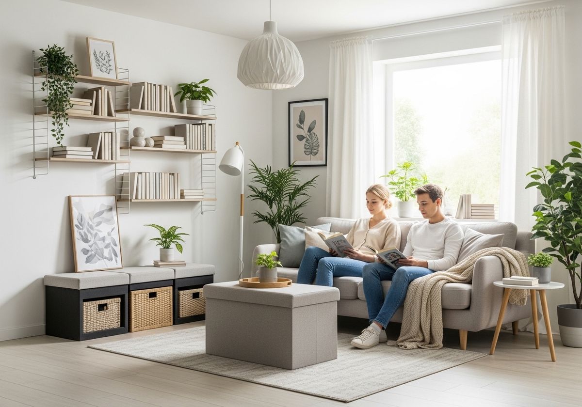 Couple Reading in Bright Living Room