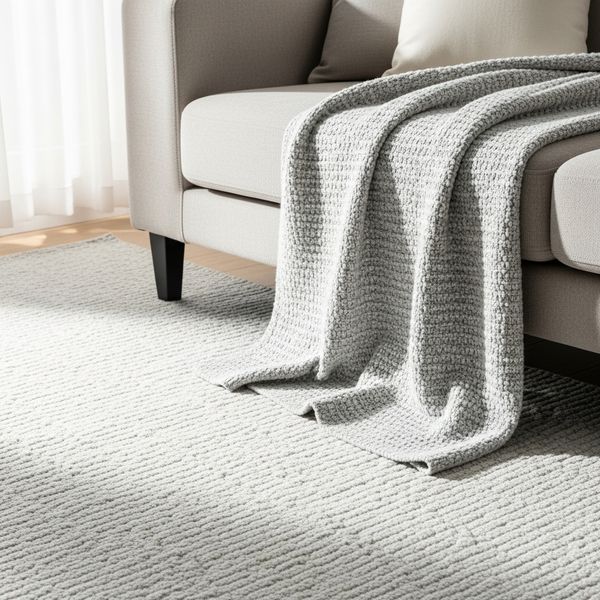 Detail of light-colored, neutral textiles, including a cream rug and throw blanket, used for brightening a room
