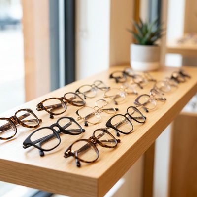 Selection of stylish eyeglass frames displayed neatly on a wooden shelf.