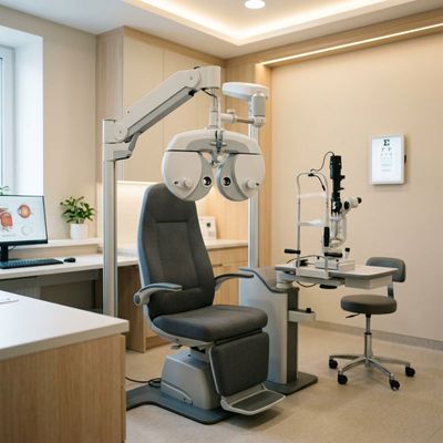 Modern optometry examination room with advanced diagnostic equipment and a patient chair.