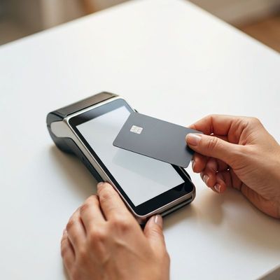 Close up of hands holding a credit card near a sleek payment terminal.