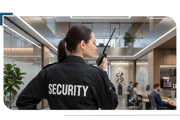 female security guard using a walkie to communicate with team