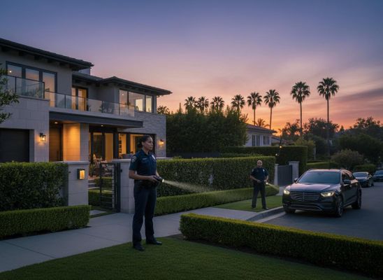 A female security guard shines a flashlight while patrolling a large modern house at sunset, with a male guard and SUV in the background. Security Guards Patrolling Luxury Home at Sunset
