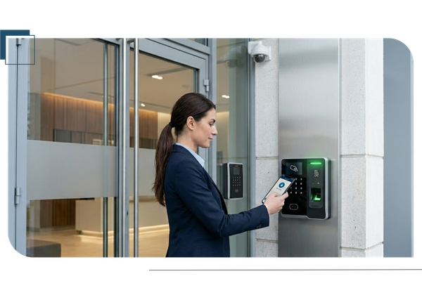 woman using phone for building access