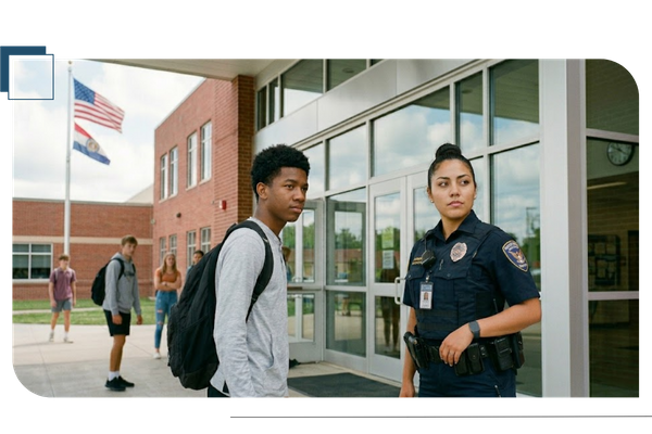 school security officer talking with student 