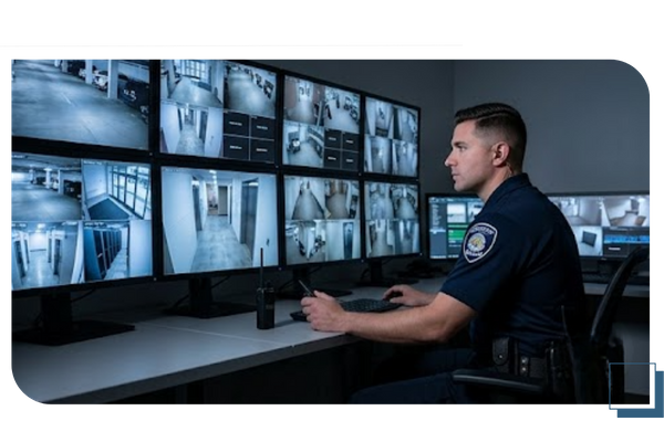 security officer watching corporate cameras 