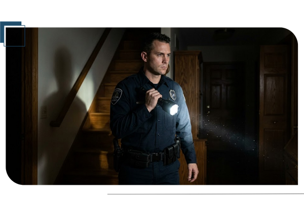 security guard in dark house with flashlight