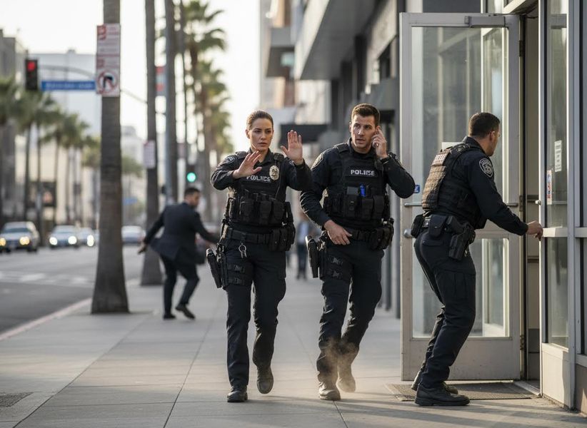 Two police officers in tactical gear run on a city sidewalk. A female officer holds hands up, a male speaks on a phone, while another enters a building. Palm trees line the street. Police officers in action on an urban street