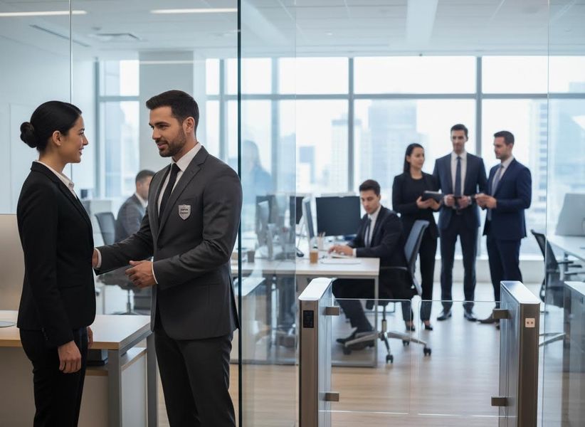A man and a woman in dark suits shake hands in a bright, modern office with other professionals visible through glass walls. Business professionals shaking hands in a modern office