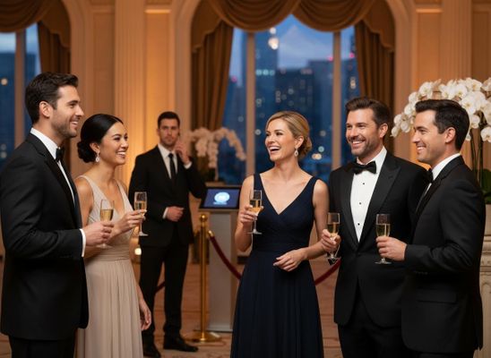 Joyful guests in tuxedos and evening dresses celebrating with champagne at a lavish event, with a city view at night. Smiling attendees at a sophisticated evening event