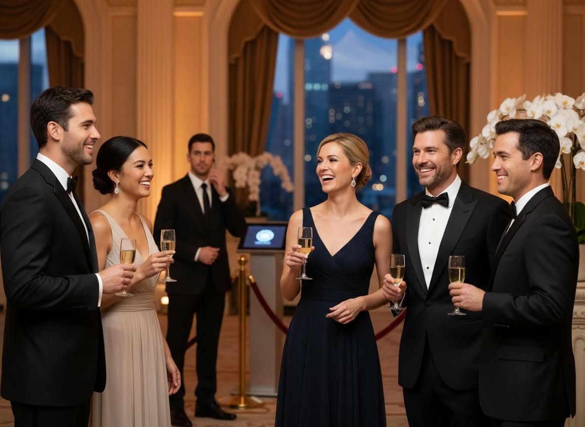 Smiling attendees at a sophisticated evening event