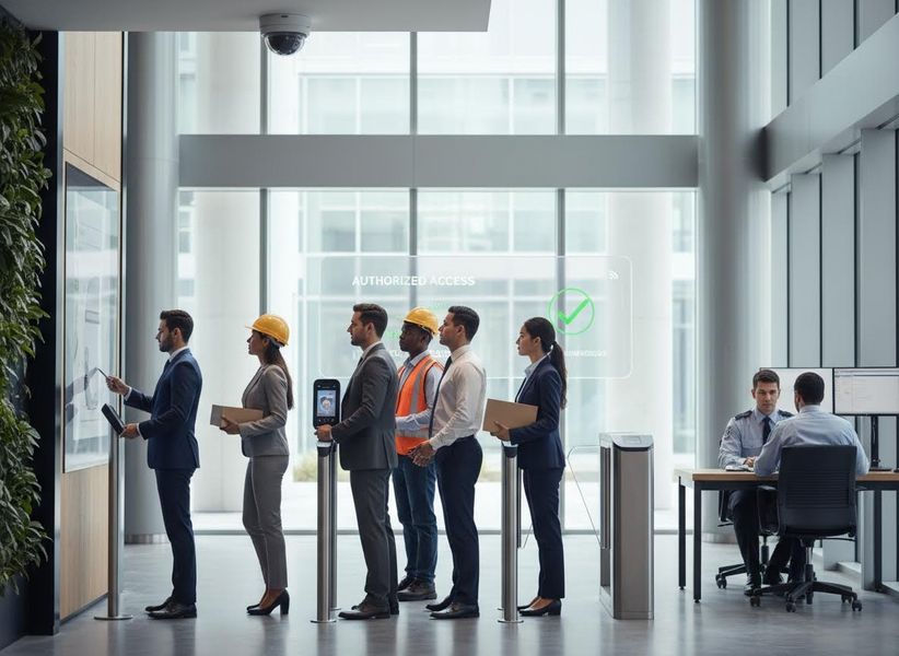 A line of diverse workers, including one in a hard hat and another using facial recognition, queue for authorized access in a modern building with a security guard visible. Diverse Professionals Using Biometric Access Control
