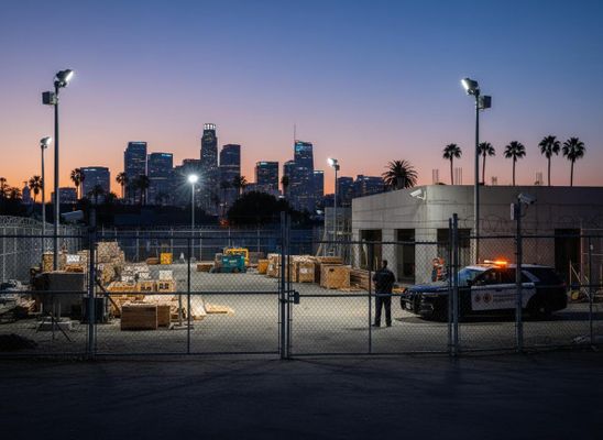 A security guard and police car secure a fenced construction yard at dusk, with the illuminated Los Angeles skyline and palm trees behind. Los Angeles Cityscape at Dusk from a Secure Construction Yard