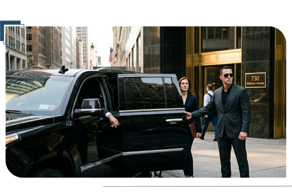 woman getting in car with body guard opening door 