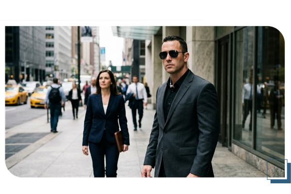 A personal security guard walking in front of a woman 