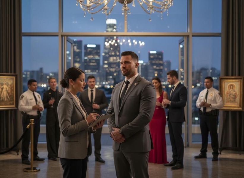A woman with a tablet speaks to a man in a suit, while security guards and guests are in the background with a city skyline. Formal event with security personnel and guests overlooking a city skyline at dusk