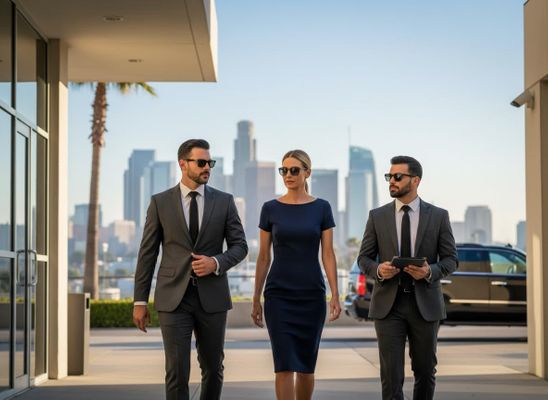 Two men in suits and a woman in a navy dress, all wearing sunglasses, walk confidently with a city skyline in the background. Confident Business Professionals Walking Through City
