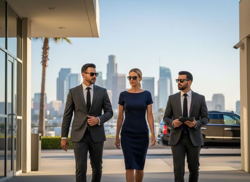 Two men in suits and a woman in a navy dress, all wearing sunglasses, walk confidently with a city skyline in the background. Confident Business Professionals Walking Through City