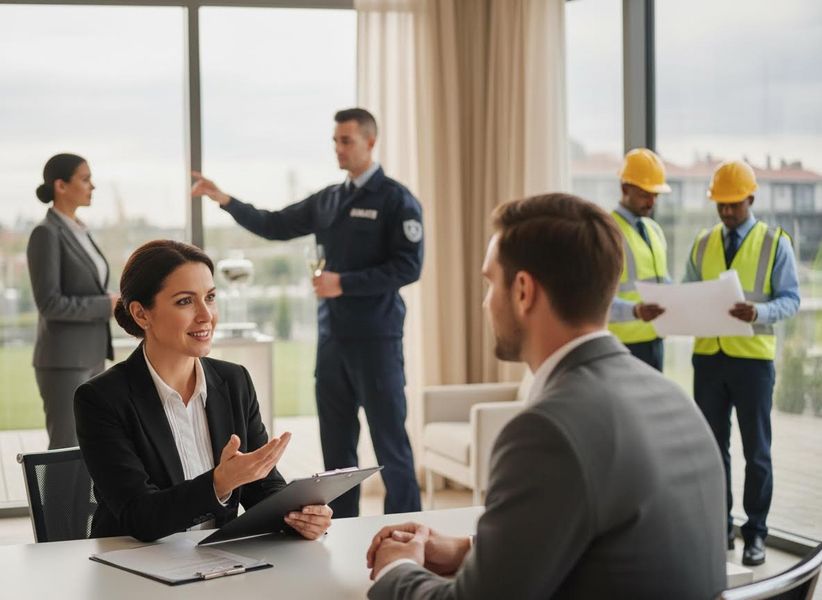 A businesswoman consults with a male colleague, while a security guard and two construction workers are visible in the background. Diverse Professionals in Business Meeting