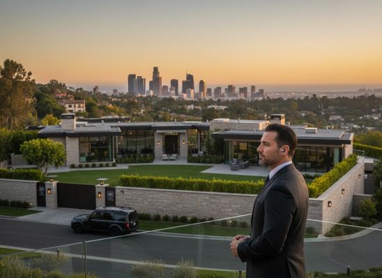 Man in suit overlooking luxury LA home and city skyline at dusk