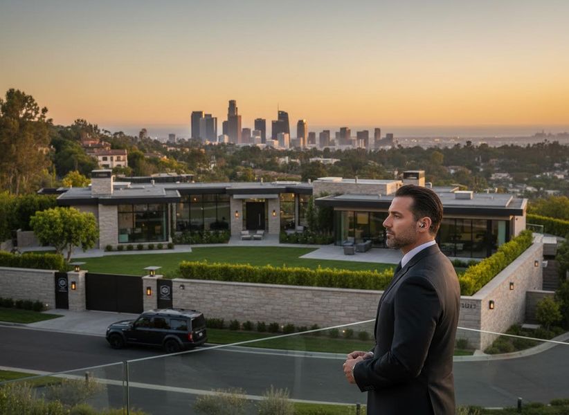 A man in a dark suit stands on a balcony, viewing a modern luxury home with a black SUV and the Los Angeles skyline at golden hour. Man in suit overlooking luxury LA home and city skyline at dusk