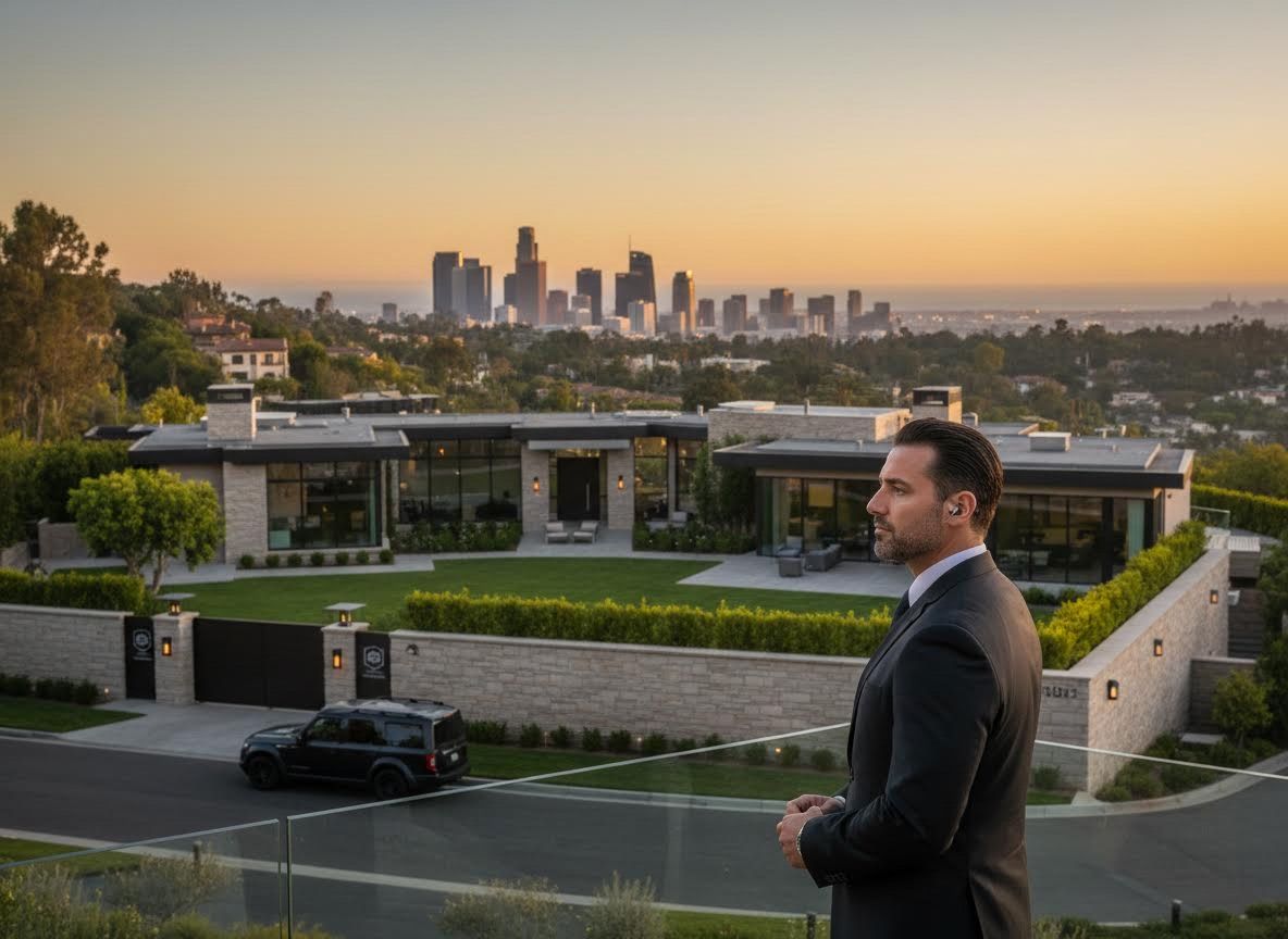 Man in suit overlooking luxury LA home and city skyline at dusk