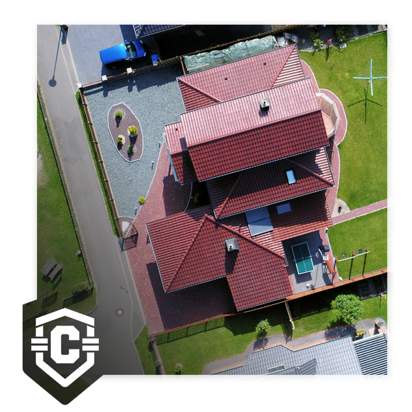 aerial view of house, C logo