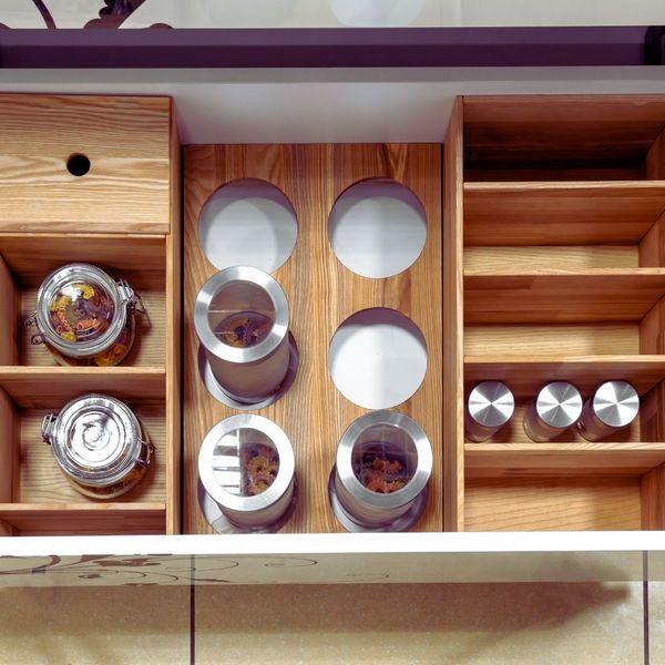  jars in kitchen drawer with organizers