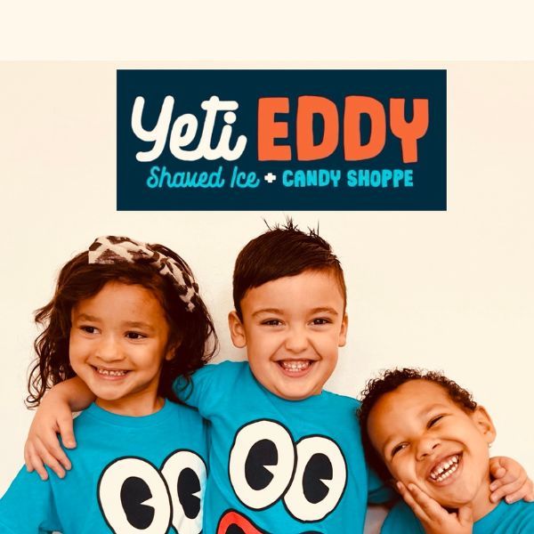 Three children wearing Yeti Eddy merchandise