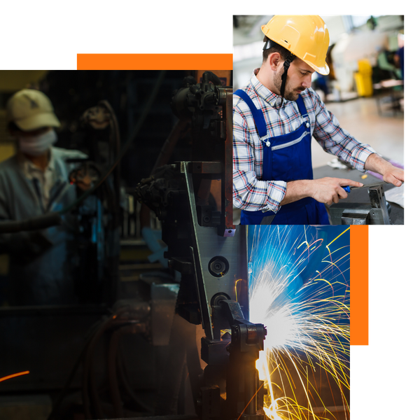 collage: welding/industrial sparks, factory worker filing metal beam