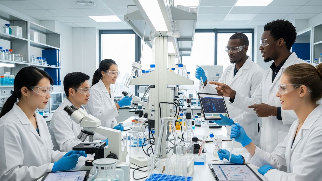 A diverse group of lab researchers collaborating in a biotech lab