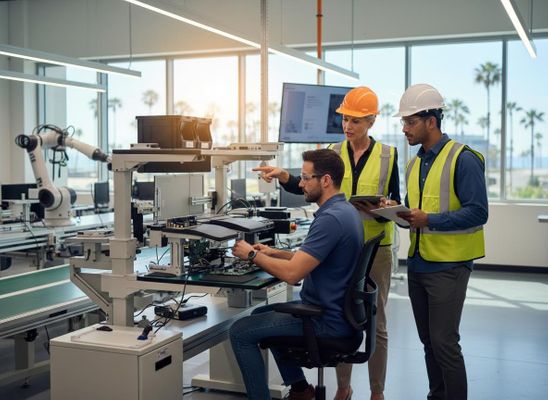Engineers Collaborating in a Modern Manufacturing Lab