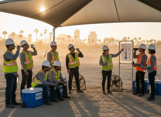 Construction Workers Hydrating During Heat Safety Briefing