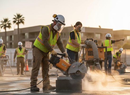 Construction workers using concrete saws with safety gear