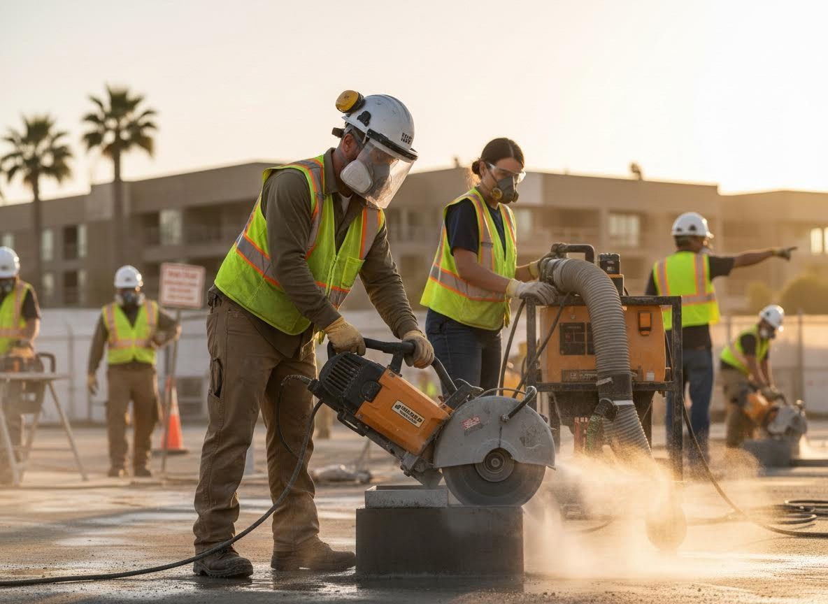 Construction workers using concrete saws with safety gear