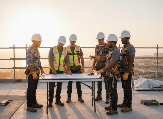 Construction team reviewing blueprints on a rooftop at sunset