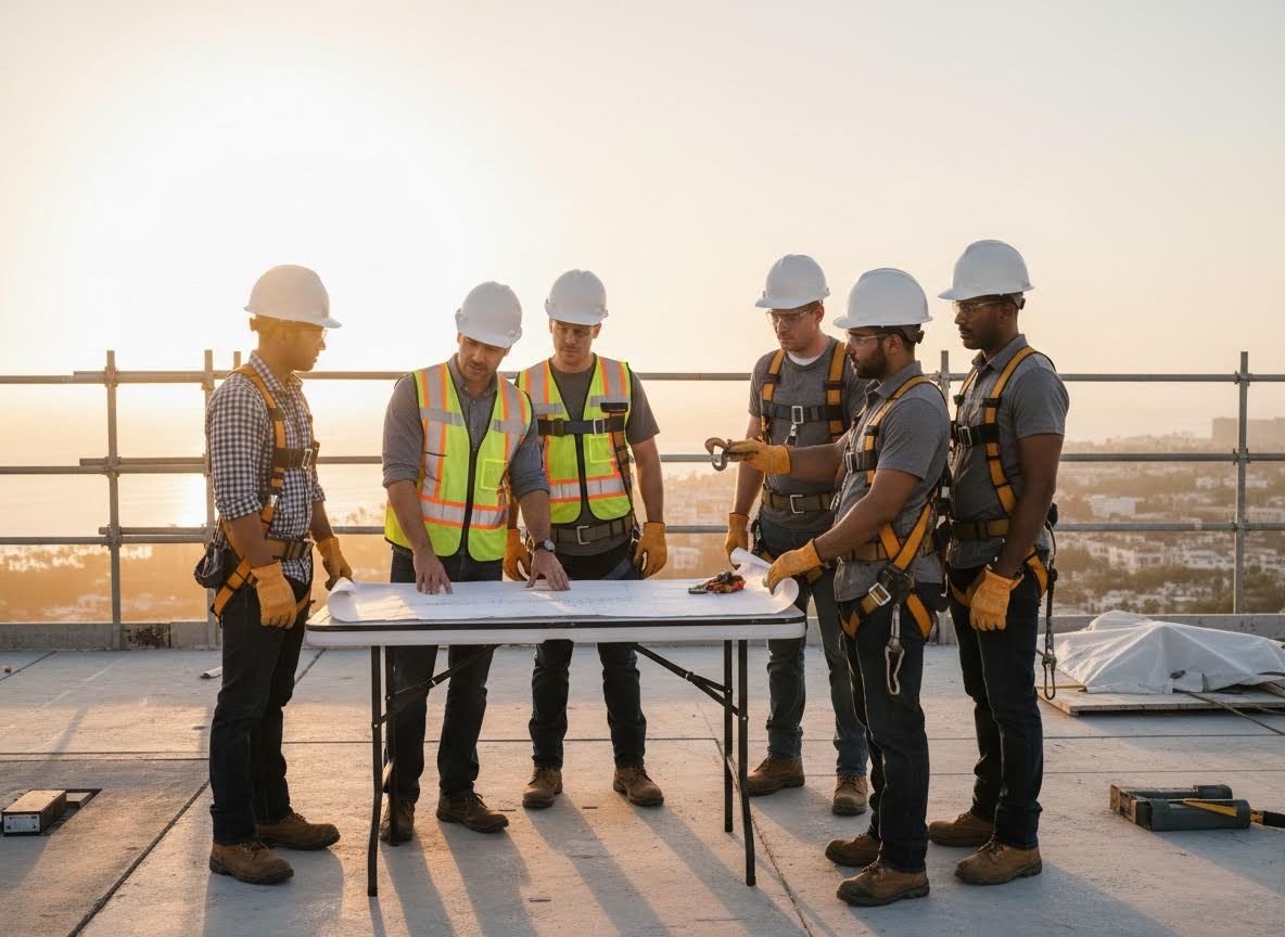 Construction team reviewing blueprints on a rooftop at sunset