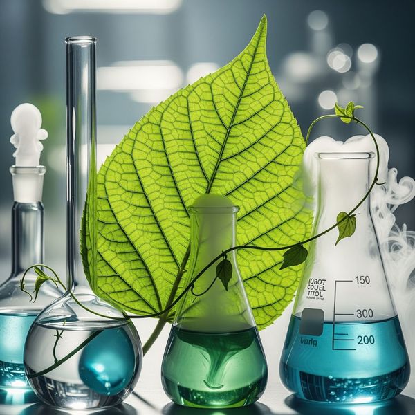 A green leaf arranged with scientific beakers