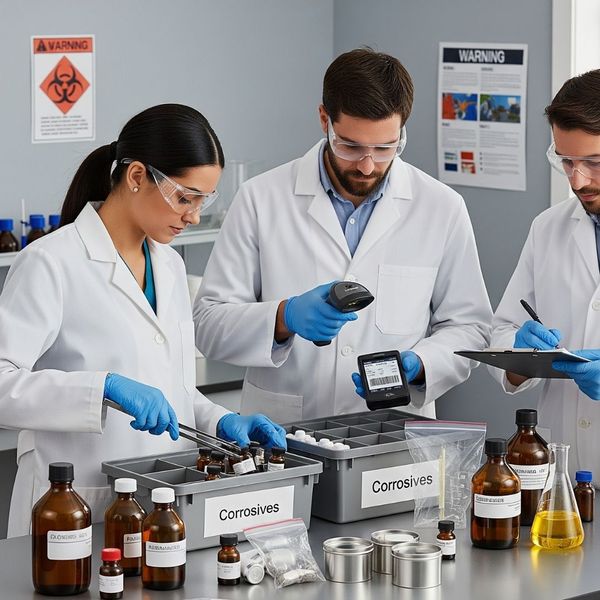 group of scientists in lab coats carefully sorts hazardous materials group of scientists in lab coats carefully sorts hazardous materials