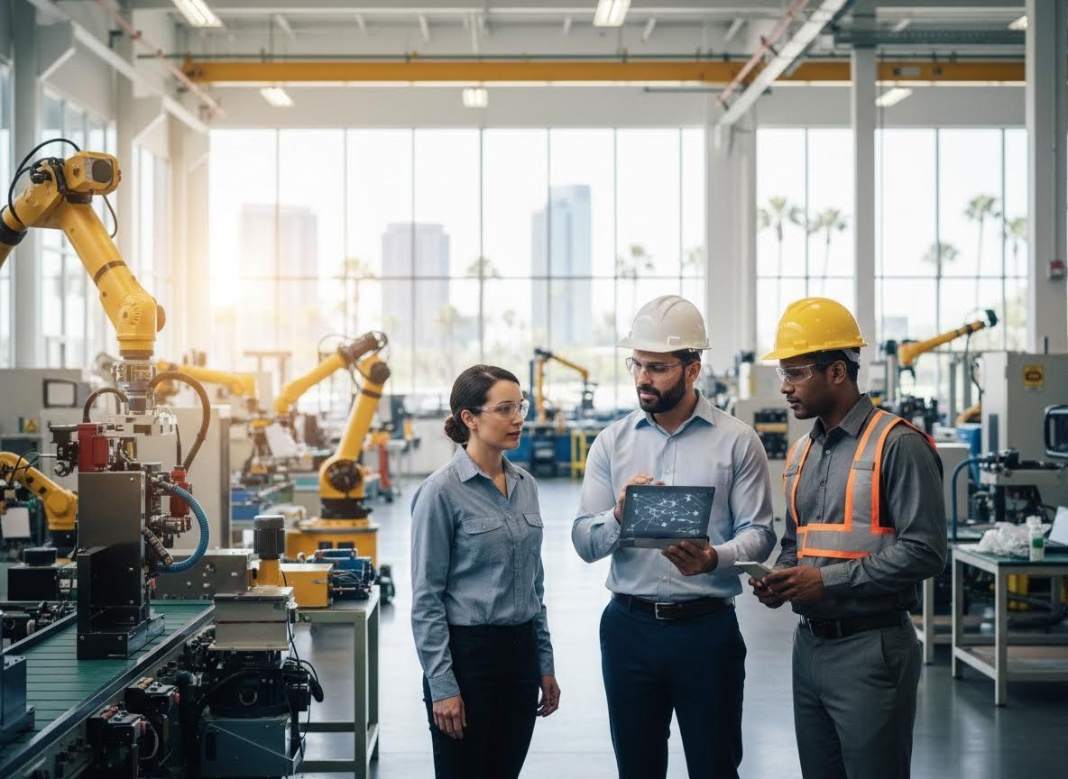 Industrial Engineers Discussing Plans in an Automated Factory
